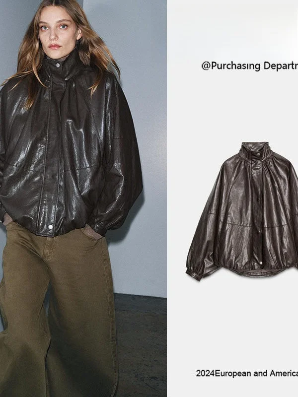 Faionable couro efeito piloto jaet casaco feminino inverno outerwear pele do plutônio longo sve efeito 3d superfície brilhante