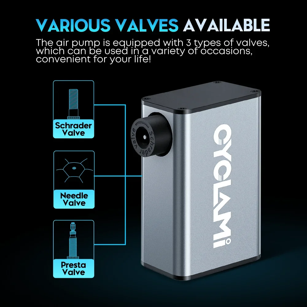 

CYCLAMI A3 MAX 150PSI Electric Bike Pump Mini Portable Rechargeable Tire Inflator Aluminum Alloy Presta Schrader Valves Road MTB