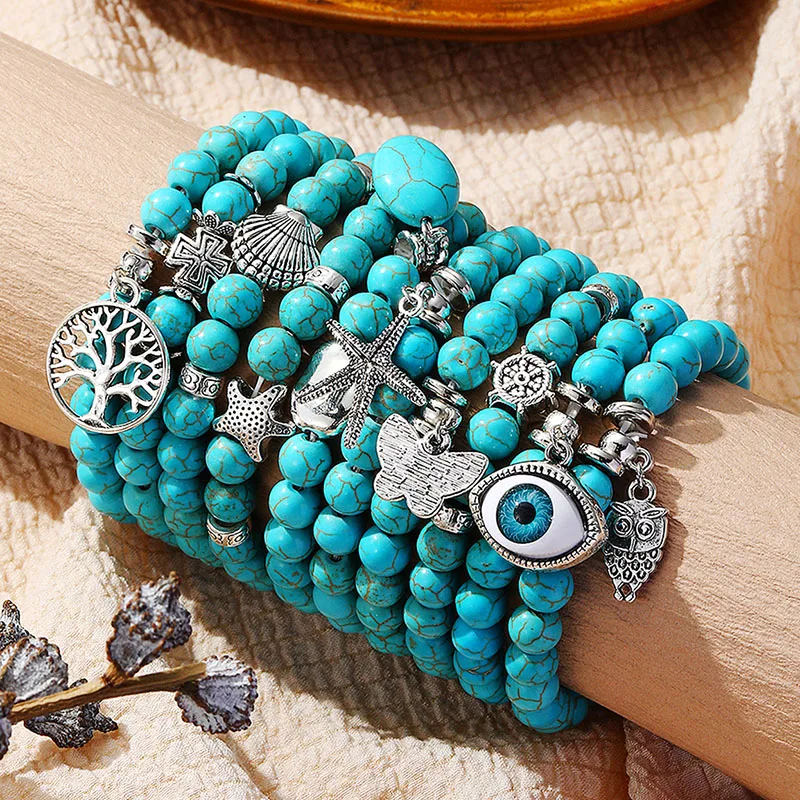 

Evil Eye Charm Bracelets Owl Butterfly Starfish Braclets Lucky Jewelry Gift 8mm Synthetic Turquoise Stone Bracelet for Women Men