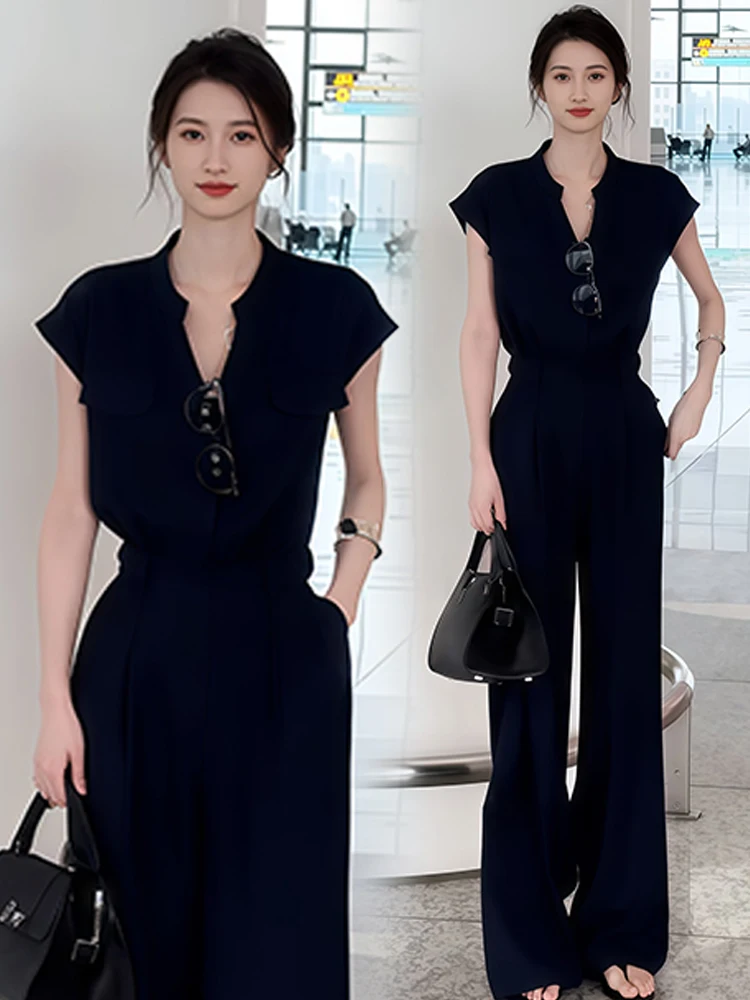 엘리 하이웨이스트 원피스 팬츠 여성용 패셔너블 여름 슈트 슬리밍 플러스 사이즈 트렌디 세트 출퇴근 스타일 리벳 장식...