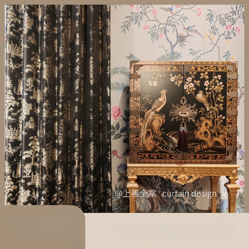 New Chinese Style Ancient Figure Decoration Gold Silk Printing Black Thickened Curtains for Living Room Bedroom French Window