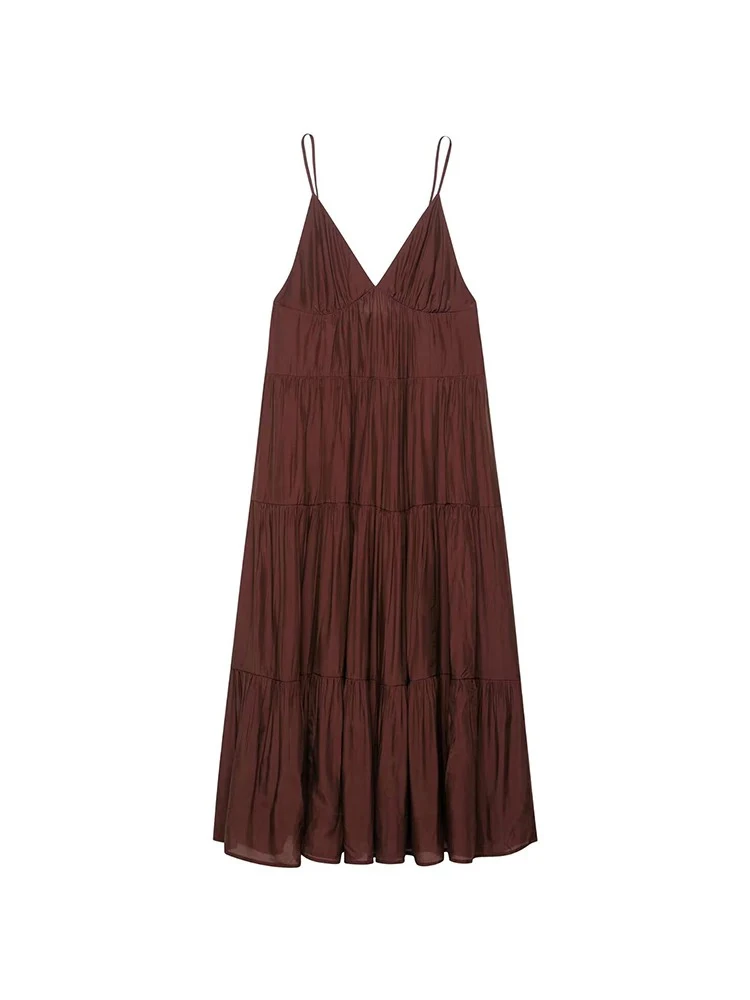 Moda feminina castanha plissada em camadas Vestido longo halter Sexy Slim decote em V sem costas Vestido primavera verão Europa e Estados Unidos novos elegantes vestidos de praia casuais de férias