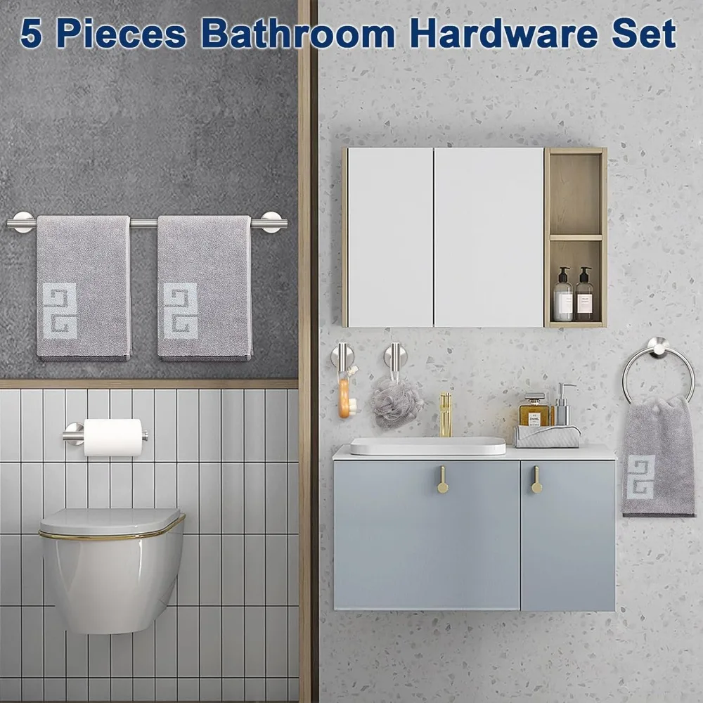 مجموعة أدوات الحمام المصنوعة من الفولاذ المقاوم للصدأ مع رف المناشف وحلقة وحامل ورق التواليت
