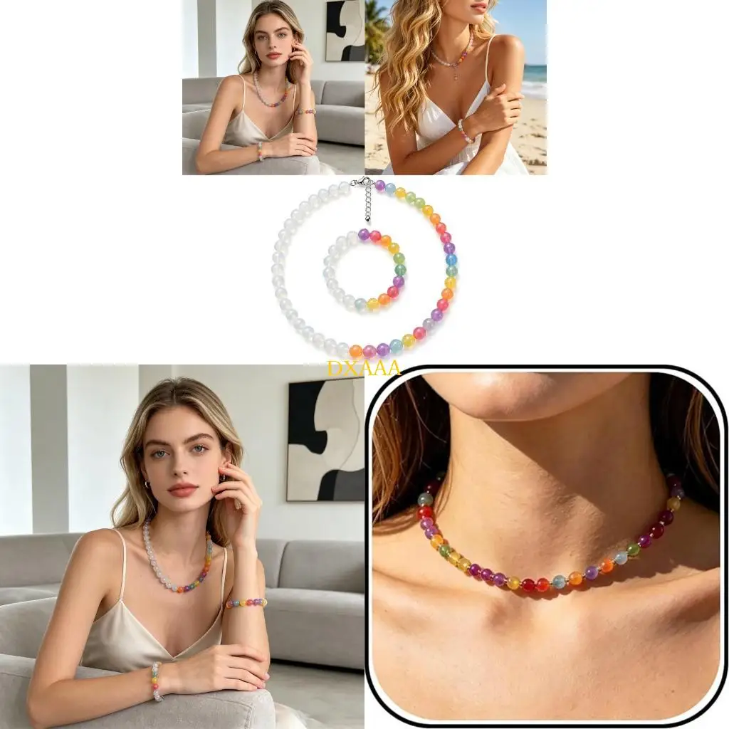 DXAA UV Reactive Candy Color Resin Clavicle Necklace And Bracelet Bangle Set Stylish Aesthetic Jewelry For Teens