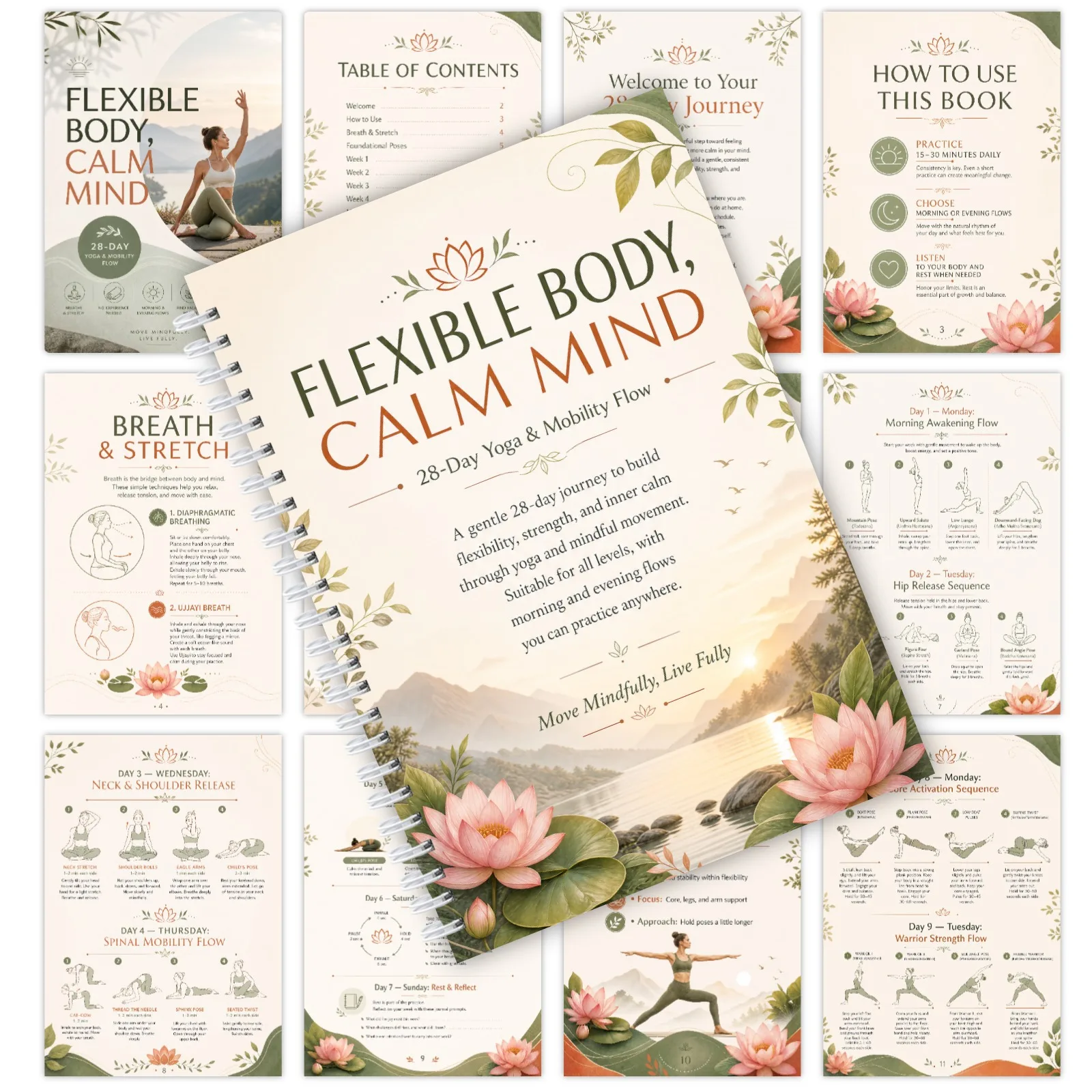 28 Days Yoga Body Flexibility Spiral Bound Handbook Soothing Breathing Stretch Workout Tracker Daily Fitness Practice Log Book
