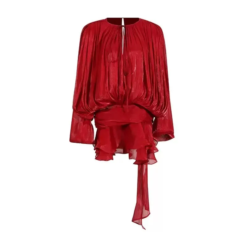 Bubble Sleeve Ruffle Edge Short Skirt Two-piece Set New  Short Dress 2025 Europe and America