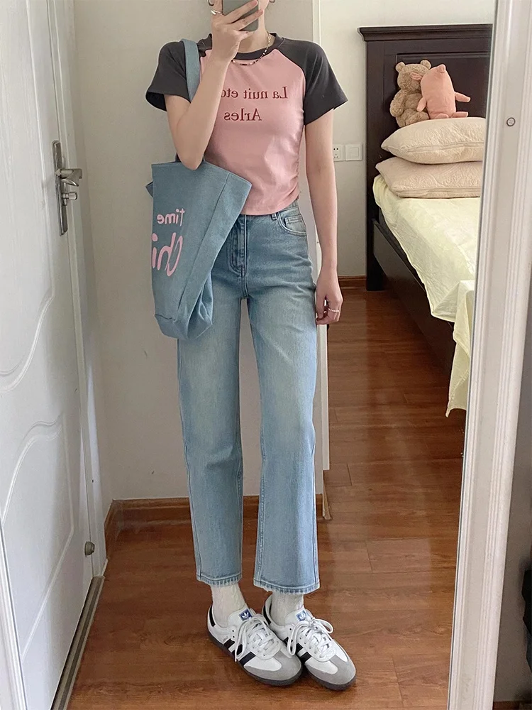 

Светло-голубые джинсы с высокой талией и прямыми штанинами для женщин, летние, новые, маленькие размеры, утягивающие, укороченные брюки-дудочки