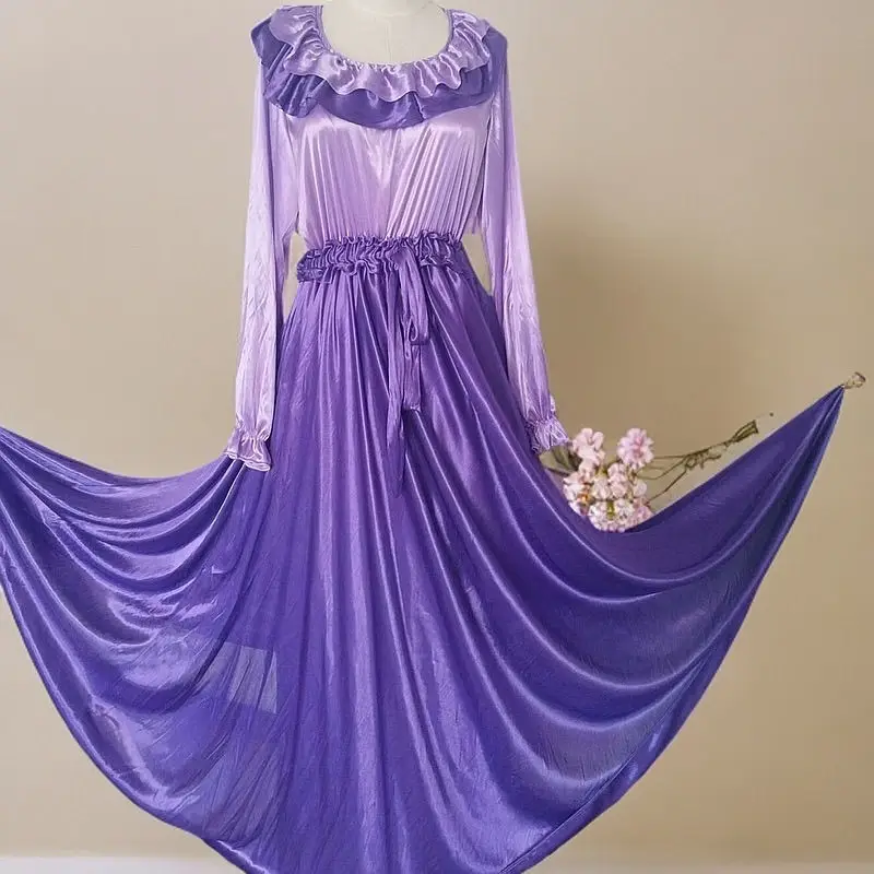 1.4-1.5m Double Layers Glossy Purple Women Ruffles Satin Long Sleeve Dress With Sash Loose Maxi Dress Plus Size Sleeping Robe