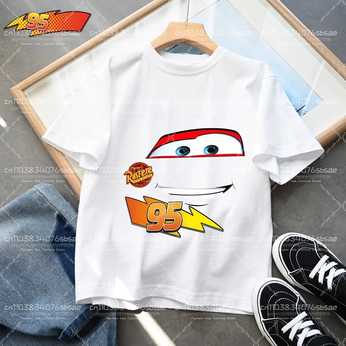 2025 ديزني الصيف الاطفال تي شيرت قصير الأكمام أعلى الكرتون سيارات بيكسار البرق ماكوين مطبوعة الأولاد ملابس الطفل قمم 4-10 سنوات #4