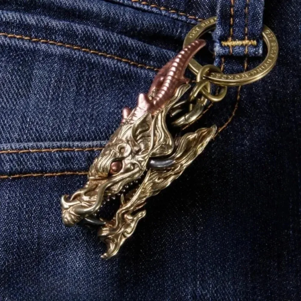 Gold Brass Dragon Head Keychain with Key Ring Fine Carved Domineering Car Keychain Multifunctional Metal Ornaments Luxury Gift