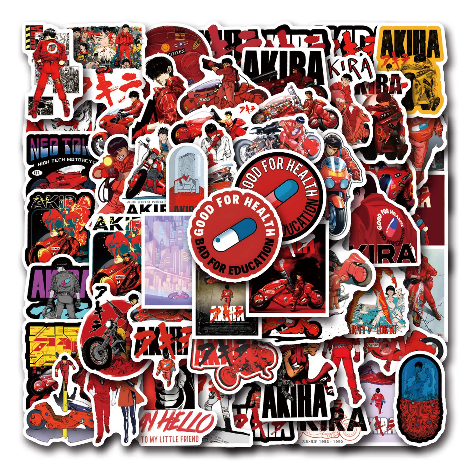 55 Stück Akira-Aufkleber Cartoon-Graffiti-Dekoration für Telefon, Helm, Gitarre, Laptop, Scrapbook, Skateboard, Schrank, Wasserfeste Aufkleber, Spielzeug