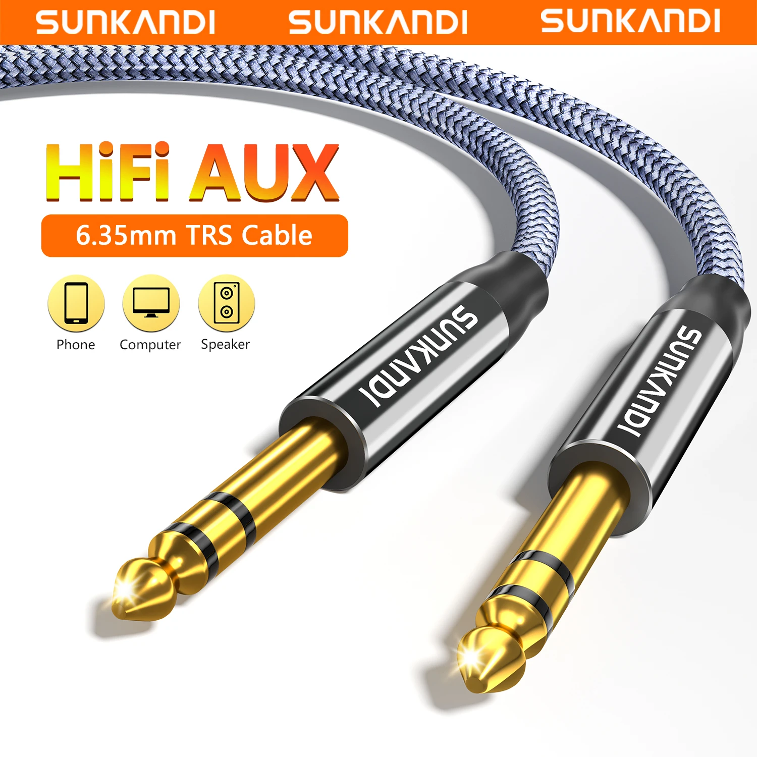 SUNKANDI 1/4 Inch TRS Instrument Cable ,6.35mm Male Guitar Cord for Electric Guitar,Bass,Keyboard,Mixer,Amp,Speaker,Equalizer