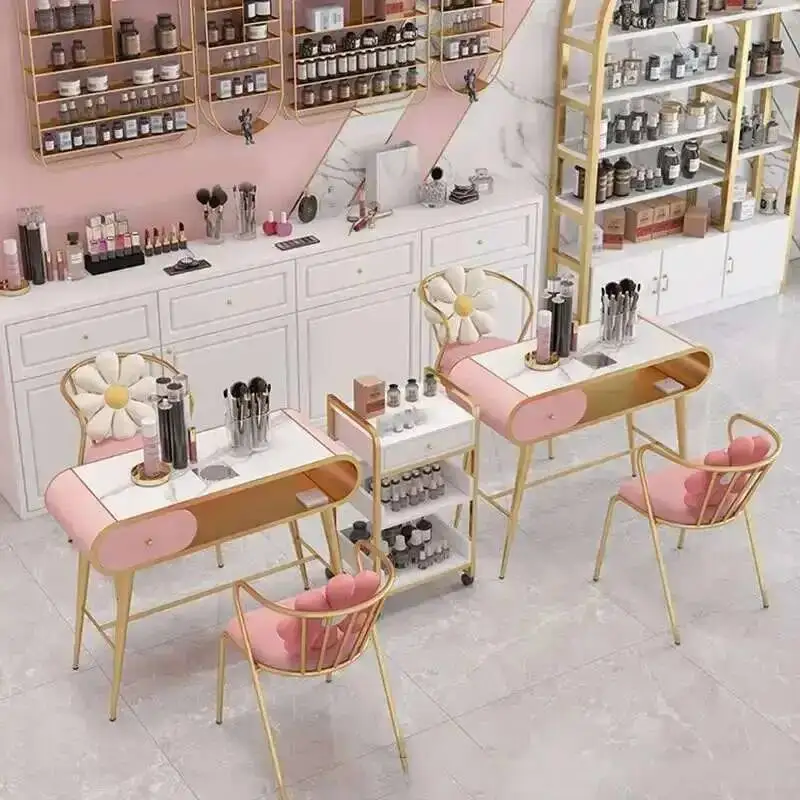 

Art Nail Iron Furniture Salon Golden Tables Light Luxury Fashion Professional Manicure Table Beauty Salon Workbench Nail Table