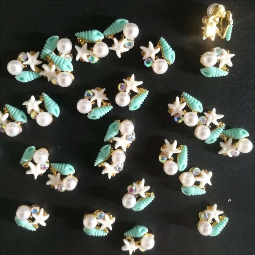 10pcs Starfish Conch Pearl Design Nail Art Charms Pearl Alloy 3D Starfish Nail Decoration 8*12mm Marine Style Manicure Jewelry