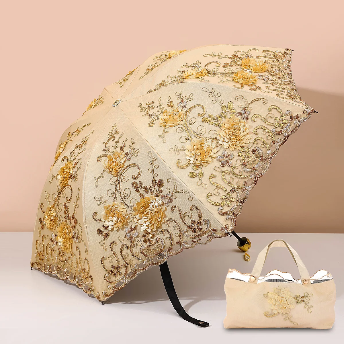 Triple Fold Rain & Sun Umbrella Vintage Floral Lace UV Umbrella with Anti-UV Layer, Compact Portable Parasol