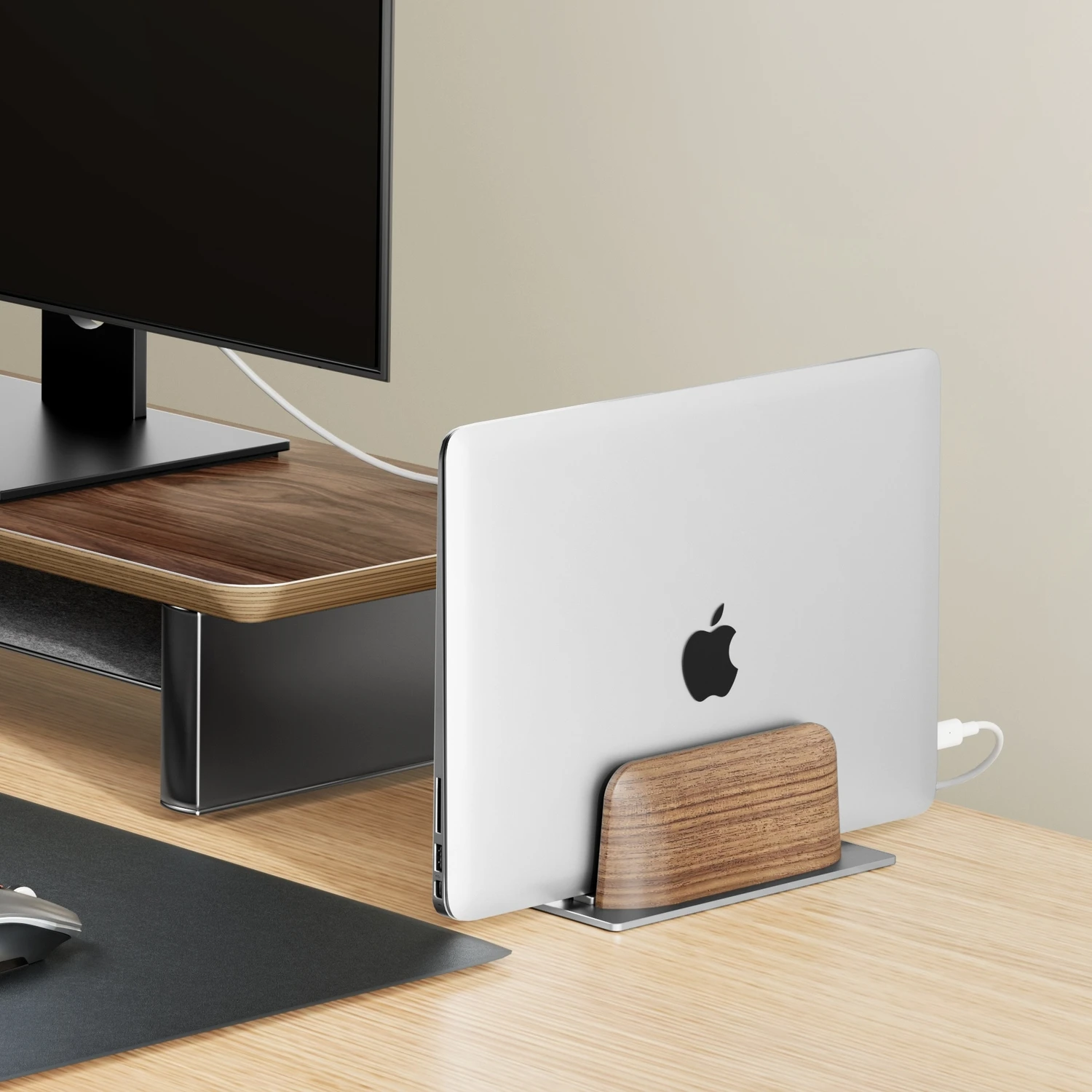 Vertical Laptop Stand for Desk, Black Walnut Wood and Aluminium Laptop Holder for All MacBook, Surface, Samsung, HP, Dell