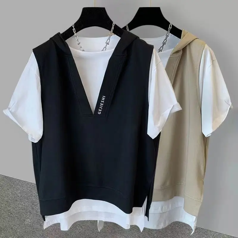Fake two-piece hooded embroidered short-sleeved T-shirt for men in summer, ins trend, versatile student loose clothes y2k tops