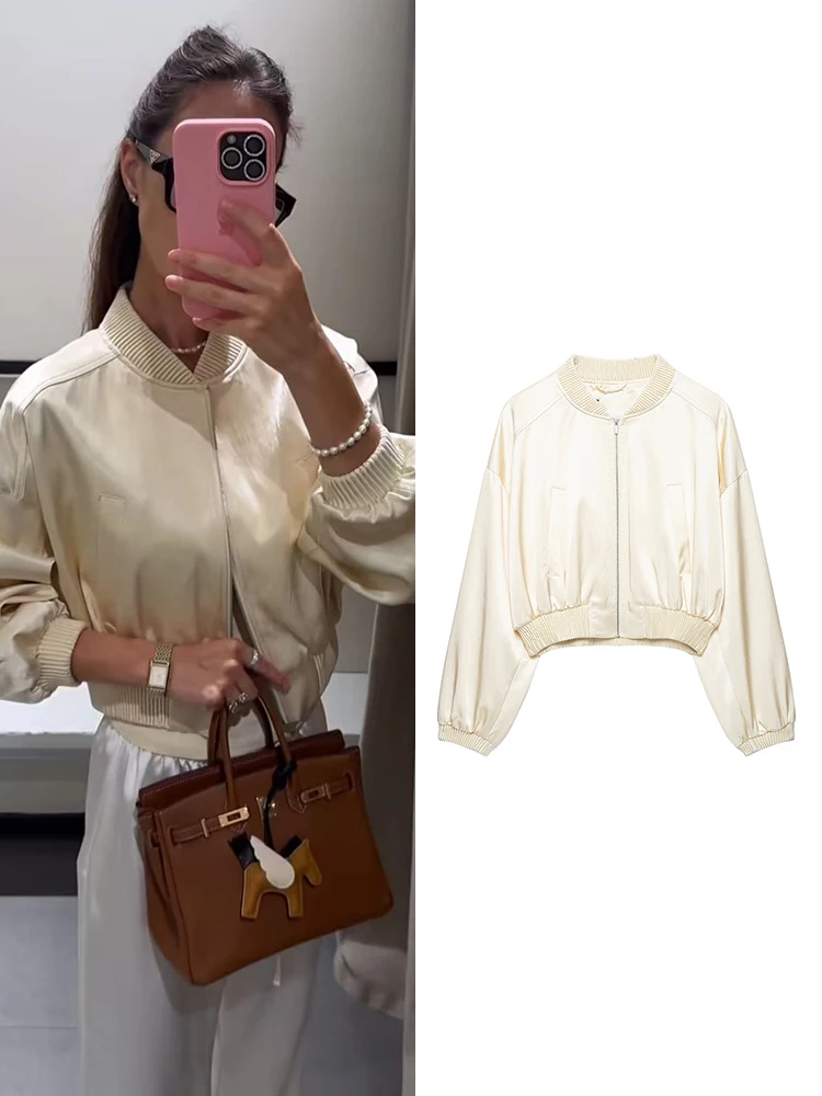 TFMLN Autumn Women Cropped Bomber Jacket Long Sleeve Casual Outerwear Fashion Street Simple Solid Color Short Coat 2026 New