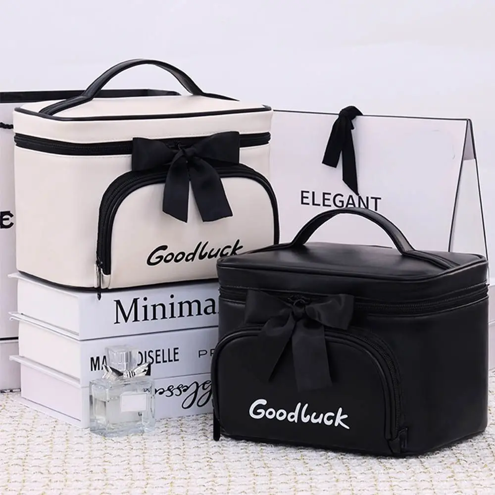 

Waterproof PU Cosmetics Storage Bag Large Capacity With Zipper Bowknot Makeup Bag Dust-proof Multi-Compartment Washing Bag