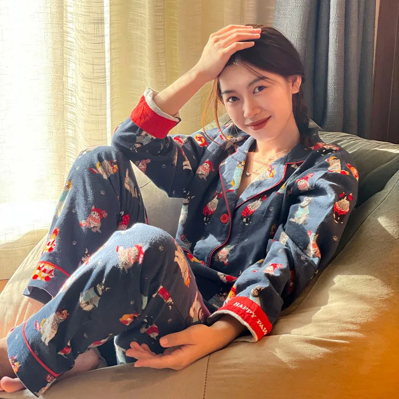 Luxury Cotton Women\'s Pajama Set Dog Print Ladies Autumn Winter Ladies Sleepwear 2 Pcs With Pant Pijama Suit For Female