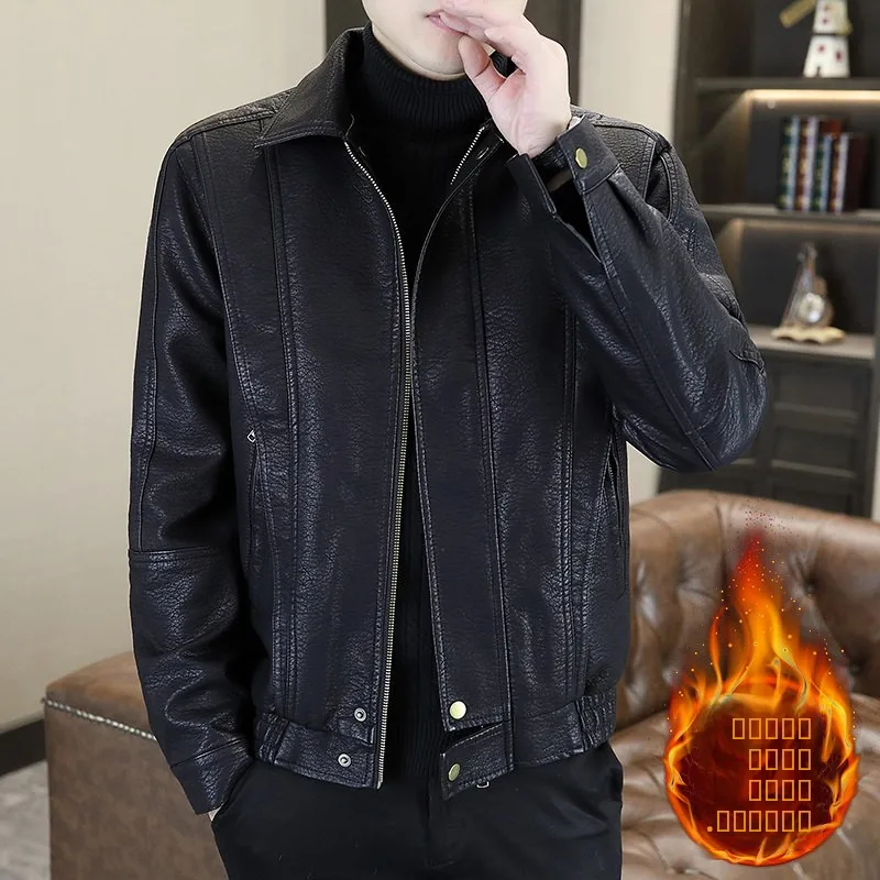 

2025 New PU Leather Jaet Men's Motorcycle Sle Fce Lined Bla Faionable Winter Coat Long Sve Collar Regular Fit
