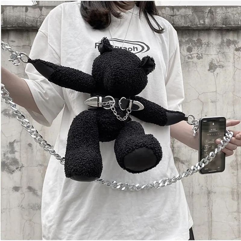 2023 Women Fashion Luxury Designer Handbag For Girls Cute Black Plush Doll Bear Purse Chain Zipper Casual Crossbody Shoulder Bag