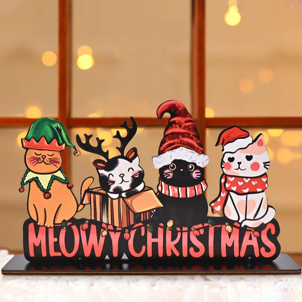 زخرفة خشبية لعيد الميلاد من Meowy - قطط احتفالية متعددة السلالات مع قبعة سانتا وقرون، مثالية لديكور المنزل وحفلات عيد الميلاد