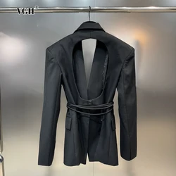 VGH Sexy Patchwork Lace Up Women's Backless Blazers Notched Collar Long Sleeve Spliced Pockets Hollow Out Blazer Coat Female New