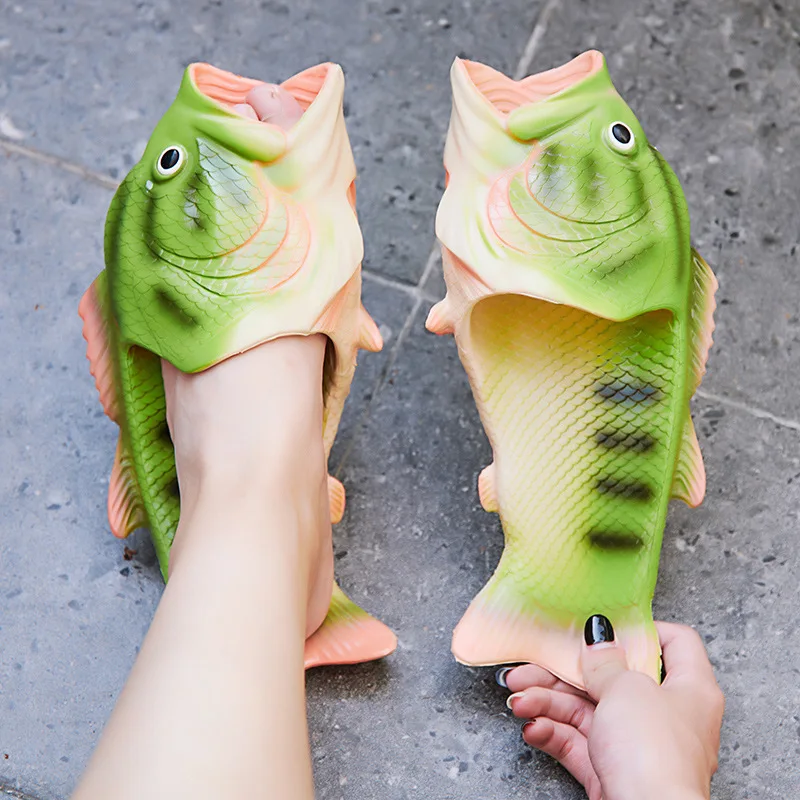 Funny lifelike fish slippers plus size 43- 47 women\'s weird animal slides beach slippers unisex indoor outdoor shoes flip flops