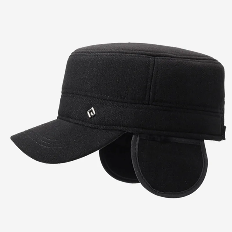 Topi Flat Musim Dingin Baru Untuk Pria Berlapis Bulu Tebal Hangat Topi Militer Anti Dingin Penutup Telinga Topi Golf Topi Katun Ayah