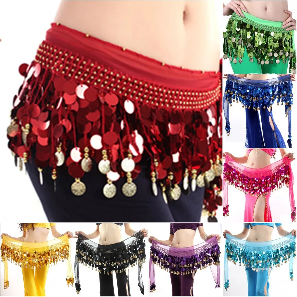 Bellydance Hip Scarf with Dangling Sequins for Belly Dancer Waist Chain Skirts Wrap 11 Colors Cute Stage Dance Wear for Women