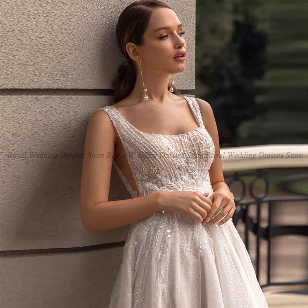 Robes de mariée A-ligne exquises pour femmes, luxe, fente haute, col carré, dos ouvert, appliques en tulle, longueur au sol, quelle que soit, 2023