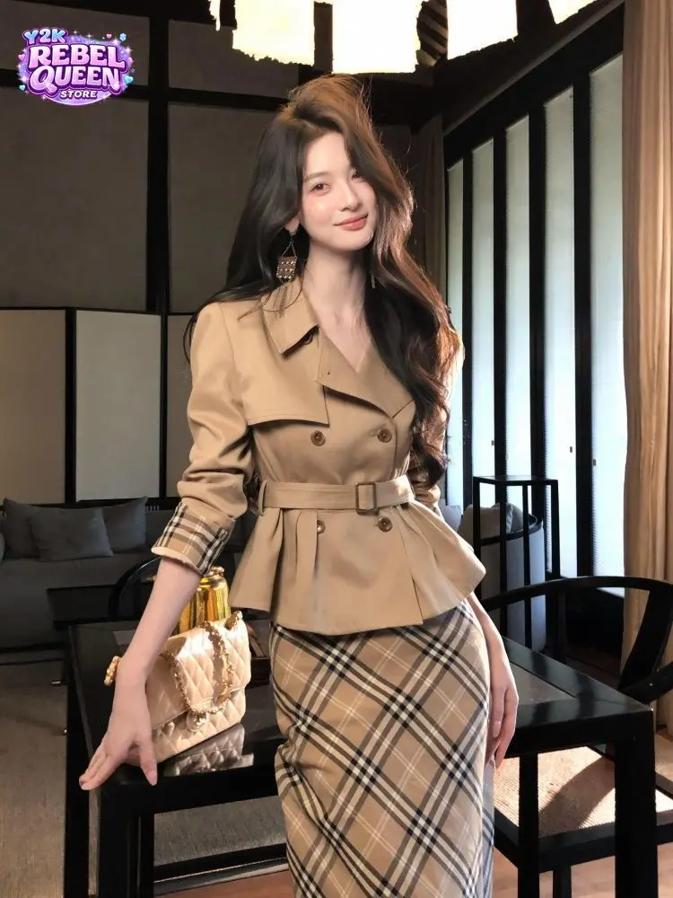 British Vintage Elegant 2 Piece Set Women Belted Trench Coat High Waist Plaid Bodycon Skirt Slim Fit Dress Elegant Outfit 2026