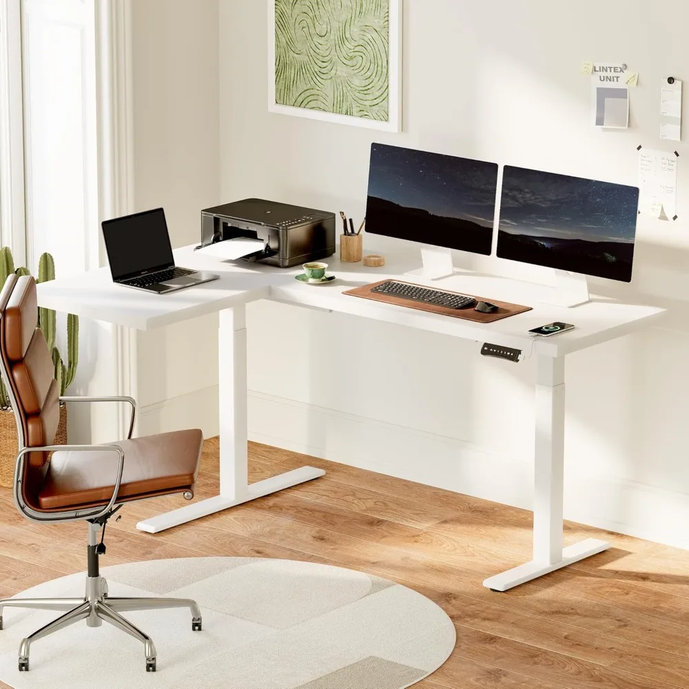 

71-Inch Large Dual Motor L-Shaped Electric Height Adjustable Standing Desk - Reversible Panel - White Top/White Frame -