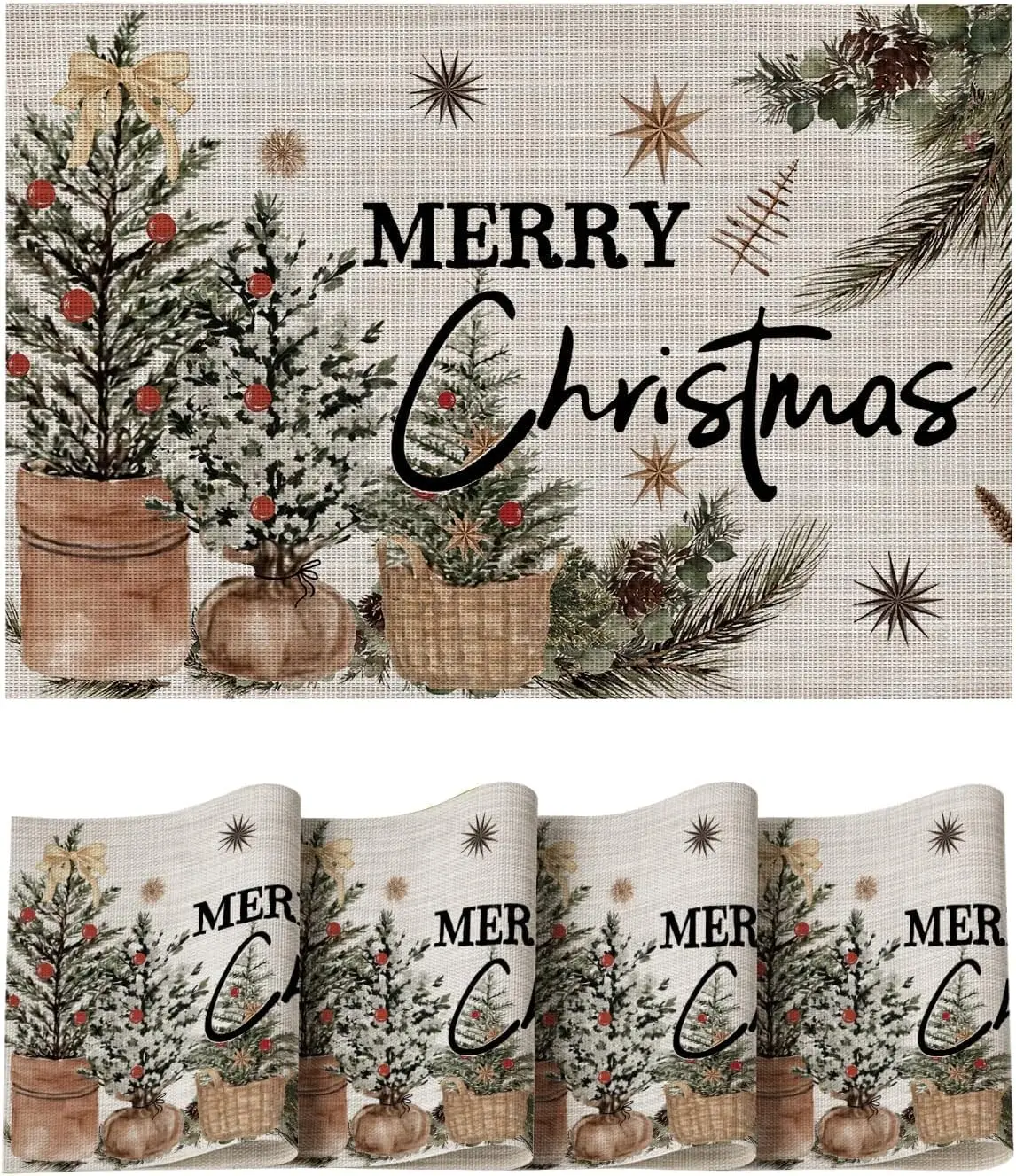 أشجار عيد الميلاد هولي الصنوبر المخروط الفينيل عيد الميلاد المفارش مجموعة من 4 قابل للغسل البلاستيك عدم الانزلاق المنسوجة الشتاء الجدول الحصير للحزب المطبخ #1