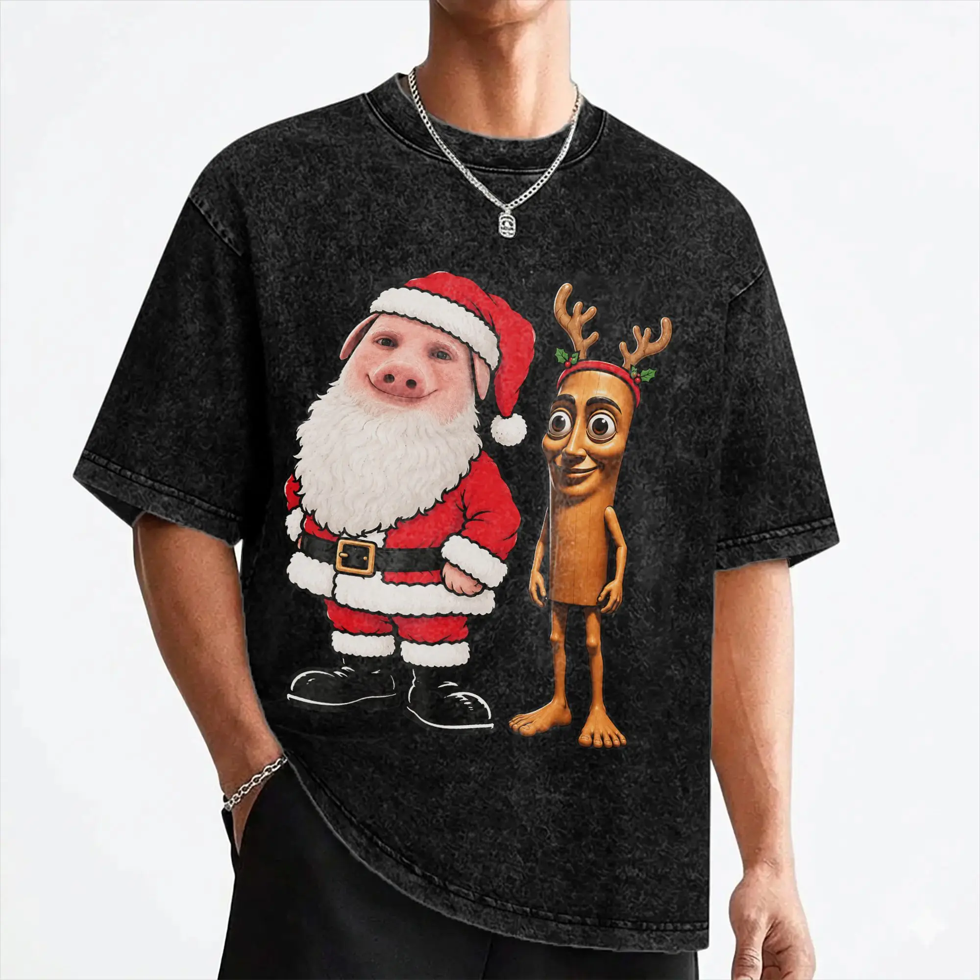 Tung Tung Tung Sahur and John Pork Funny Santa Christmas T Shirts Washed Short Sleeve T-Shirts Men Women Streetwear Tee Shirt