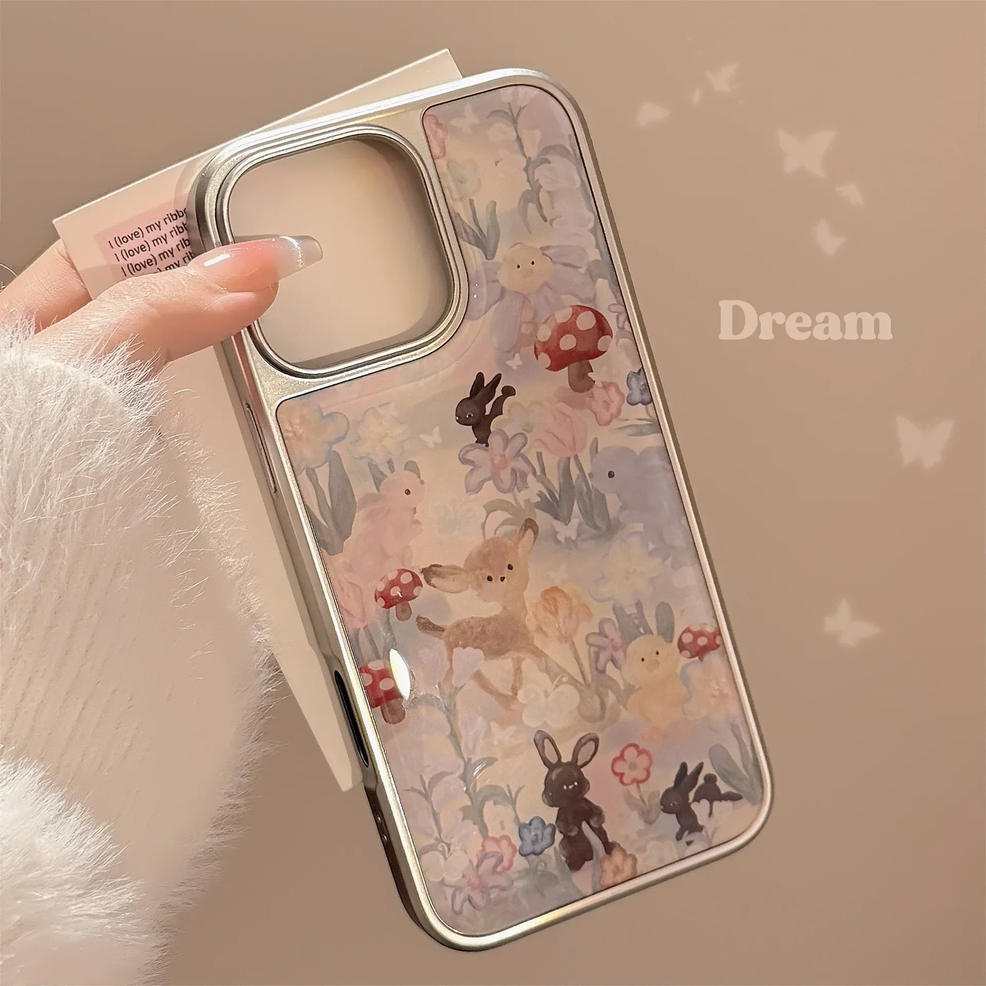 bunny fawn Garden forest rabbit Oil Painting Phone case For iPhone 16 15 14 13 12 Pro Max Case Cute Luxury Plating Cartoon Cover