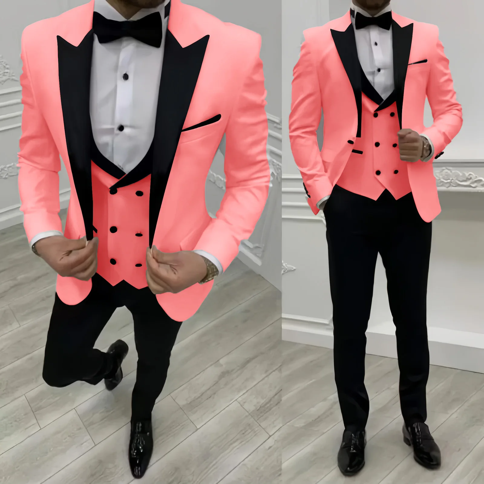 طقم بدلة متعرجة للرجال مكون من 3 قطع مع سترة وسروال عتيقة ذات طية صدر السترة مناسبة لحفلات الزفاف المسائية #4