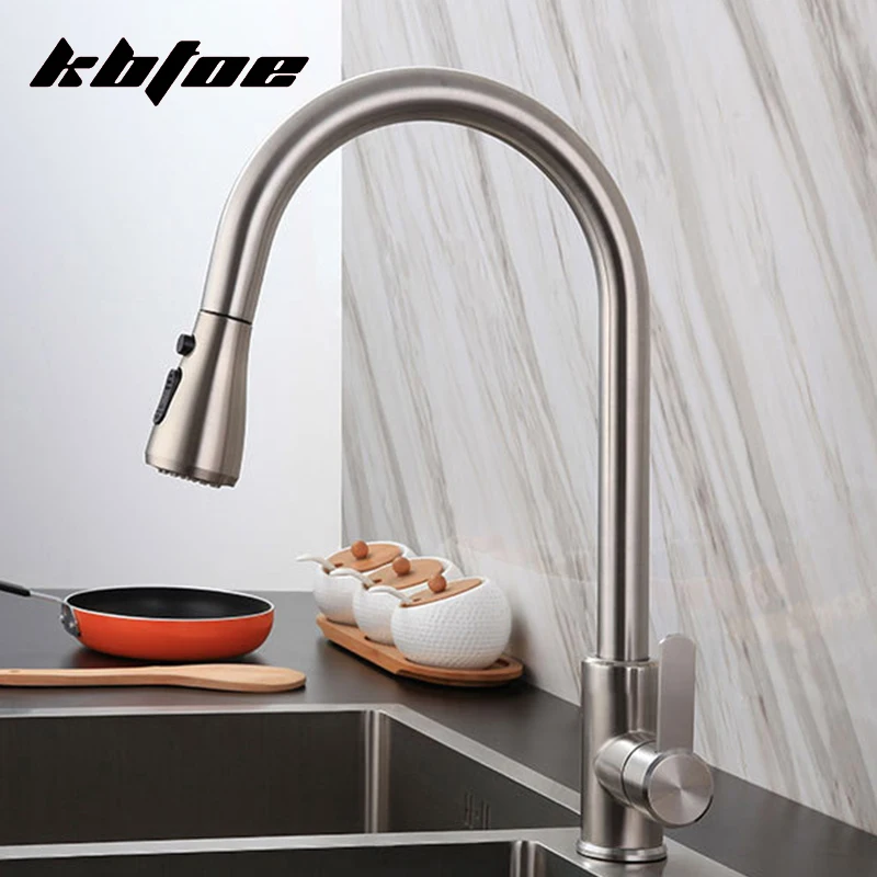 

Brushed Nickel Modern Pull Out Kitchen Faucet 2 Spray Modes 360° Rotation Hot Cold Water Sink Mixer Tap Black Stainless Steel