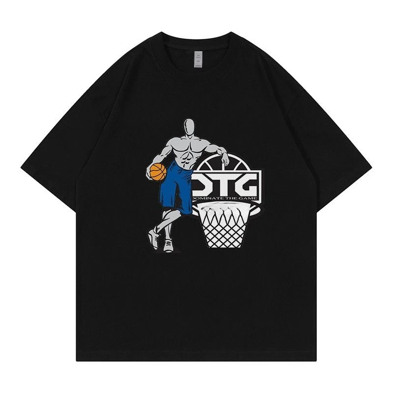 Camiseta estampada de algodón de manga corta con cuello redondo holgado americano de Street Classic Basketball Retro Professor Bone Streetball