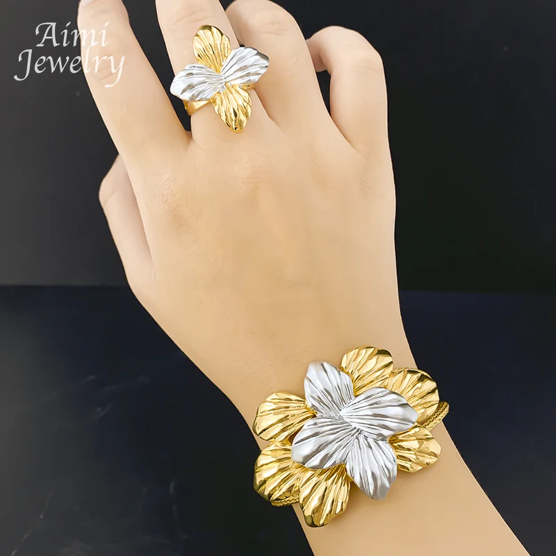 Two Tones Chunky Collar 4Pcs Jewelry Set for Women Exaggerated Choker Necklace Earring Bracelet Ring Bridal Wedding Party Gifts