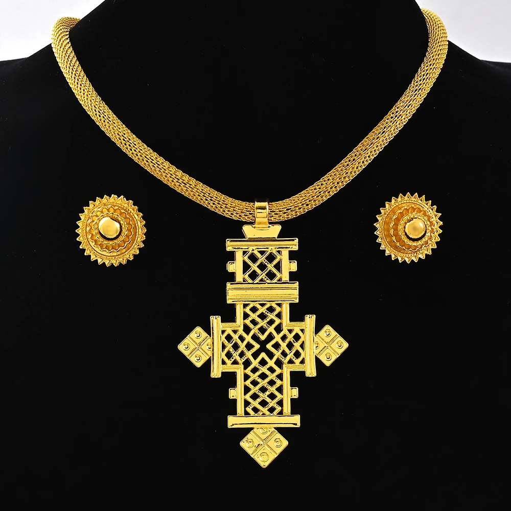 

Ethiopian Big Size Pendant Chokers Collar and 2CM Earrings Ethiopian Jewelry Sets Eritrean African Habesha