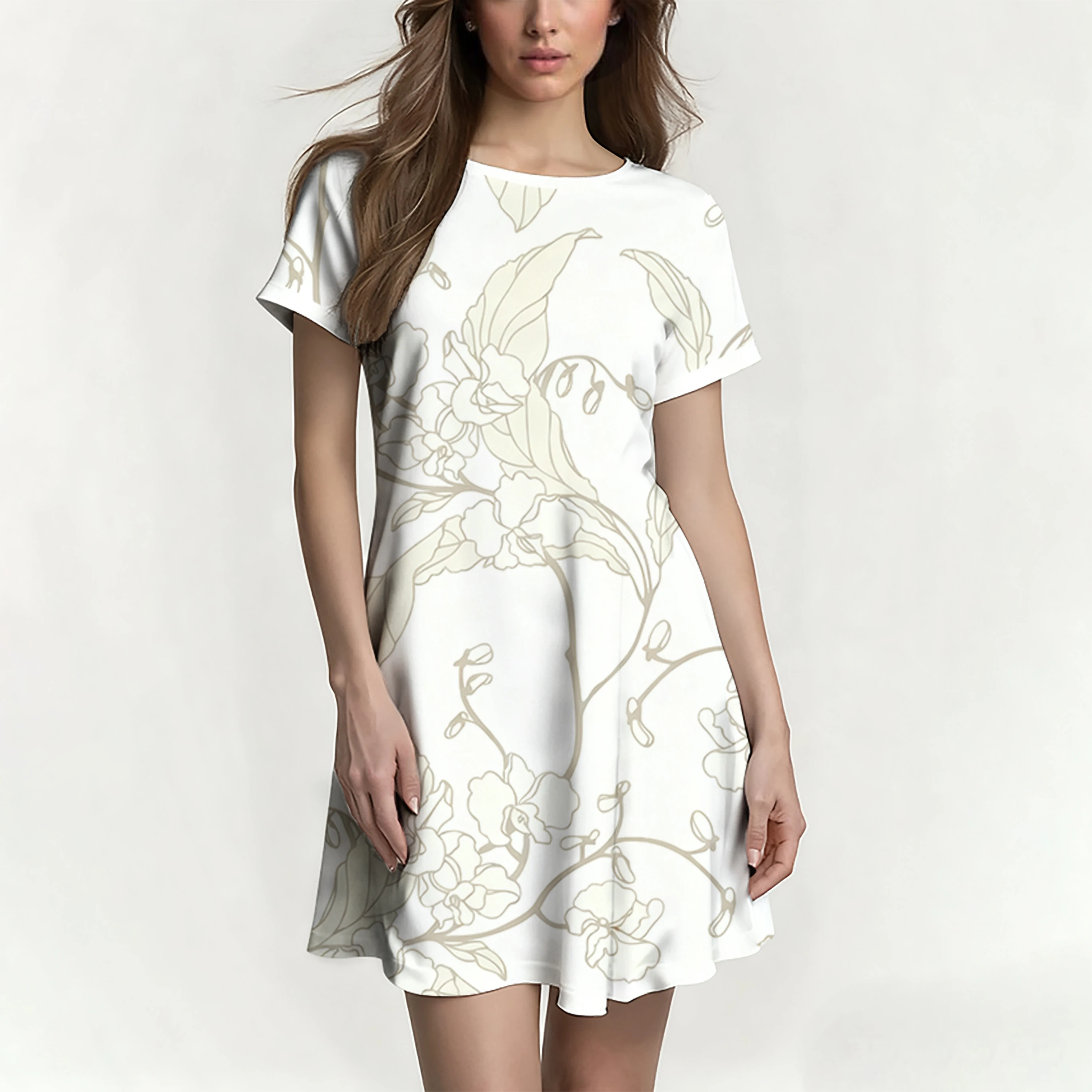 Letnia sukienka damska o kroju litery A z okrągłym dekoltem i rękawami raglanowymi, damska krótka spódnica z nadrukiem, codzienna, wygodna i stylowa.