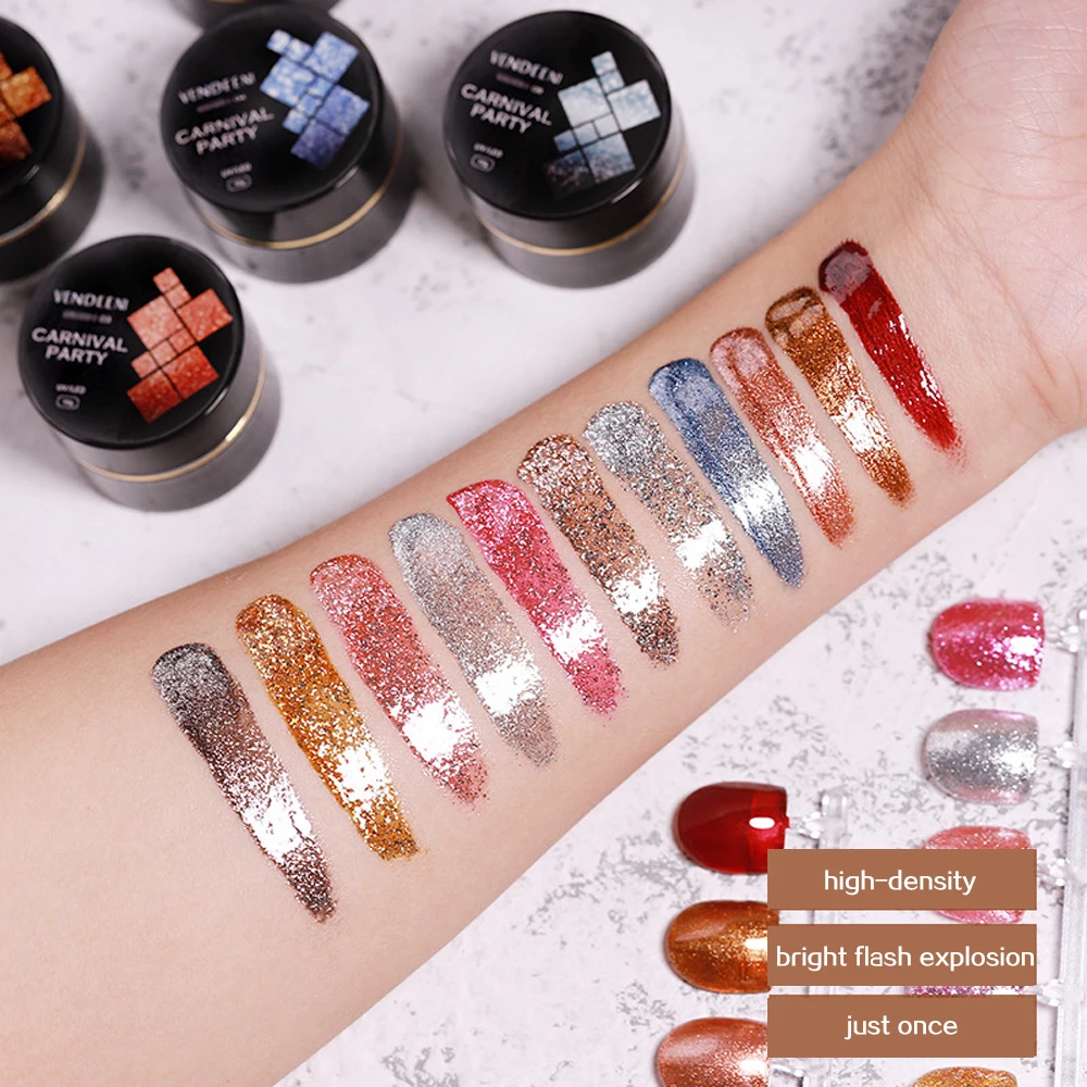 Vendeeni 12 สี/ชุดทองเงินสีแดงที่มีสีสันโลหะผงเจลเล็บ UV LED Glitter ภาพวาดเล็บเล็บ