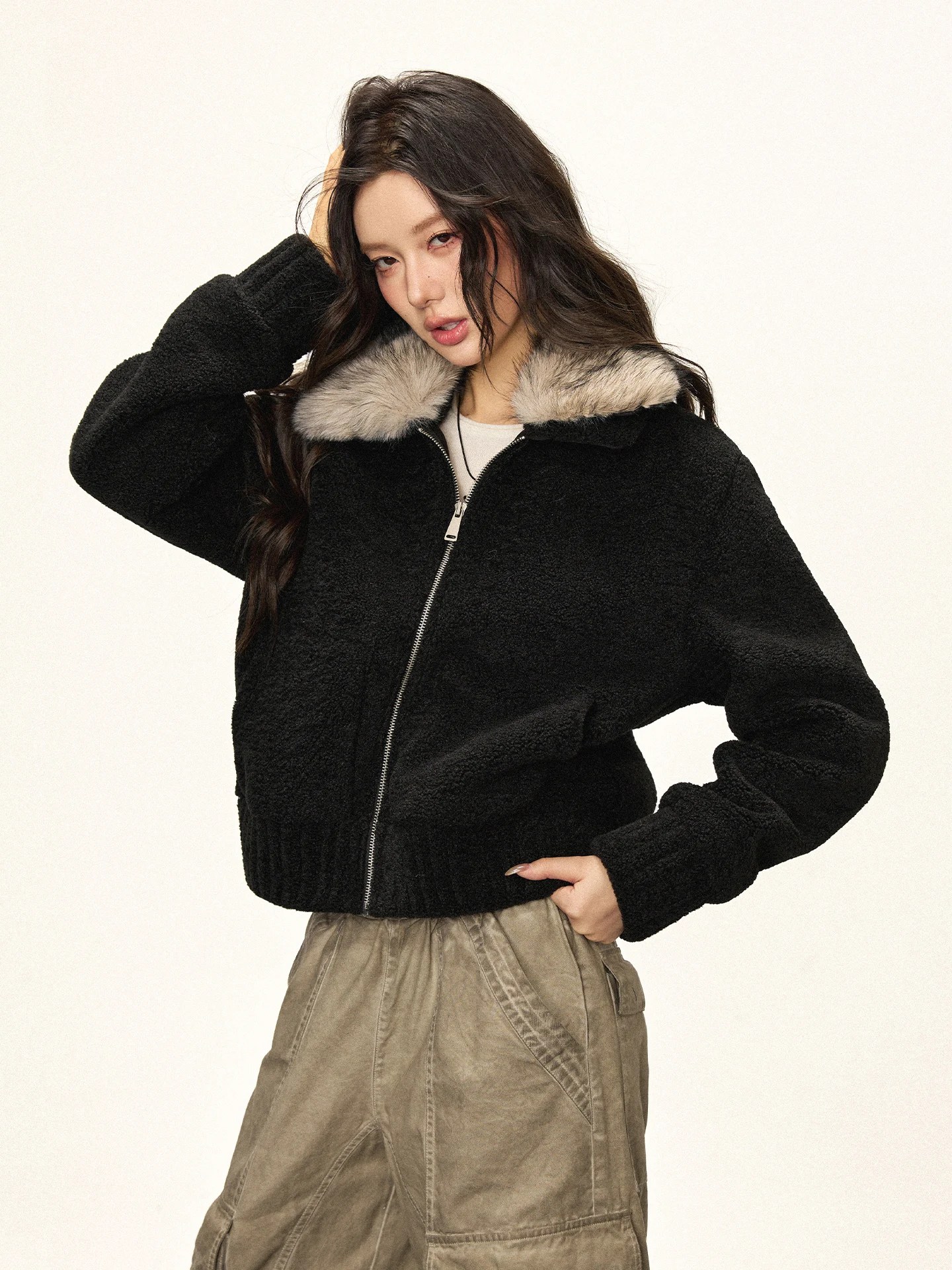 

American Style Retro Cherry Melody Jacket Women's Short Coat Fake Sheepskin Collar Warm Thickened Long Sleeve Zipper Closure