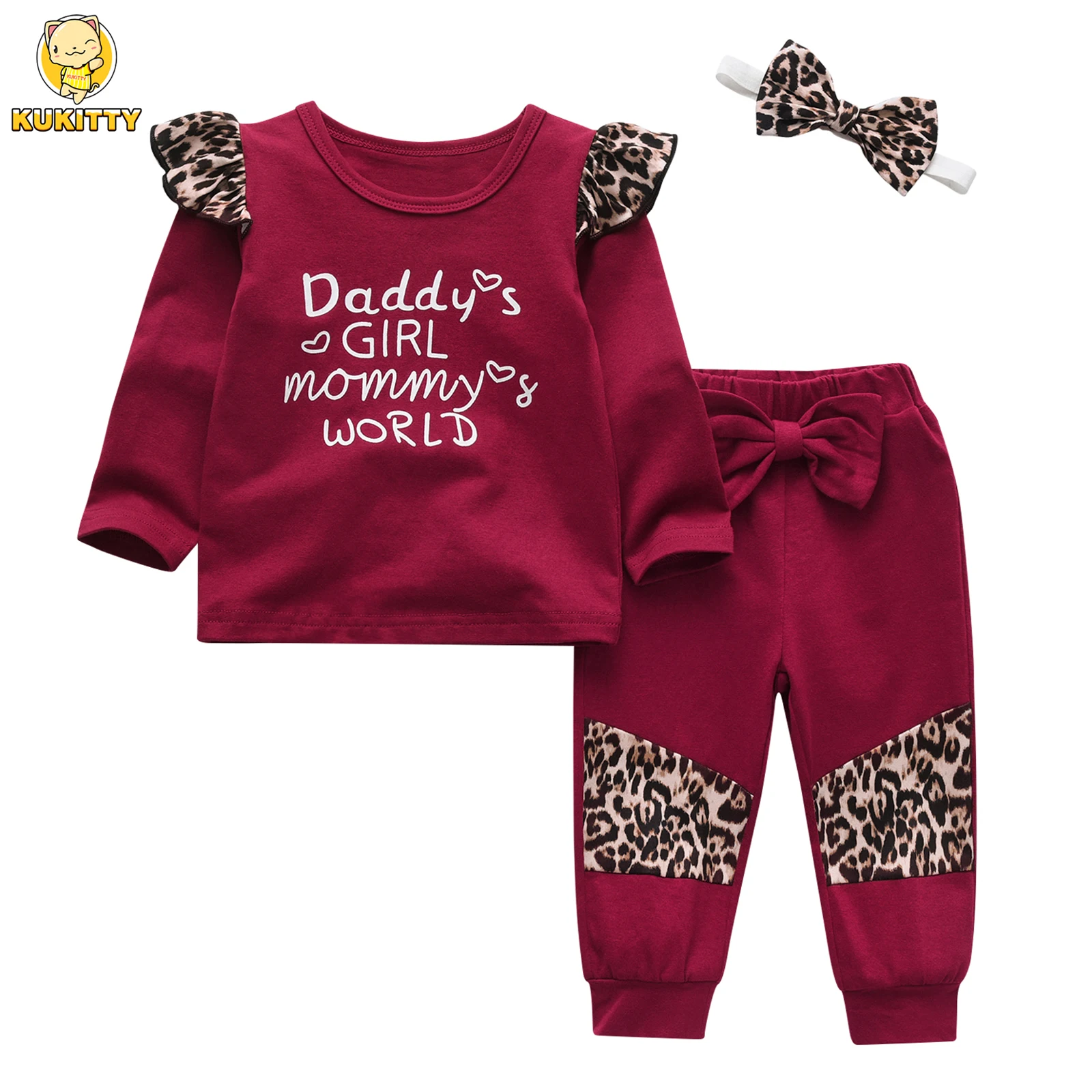 Fashion Toddler Baby Girl Clothes Set Letters Print Long Sleeve Top and Patchwork Pants Headband Spring Autumn Outfit for Girls