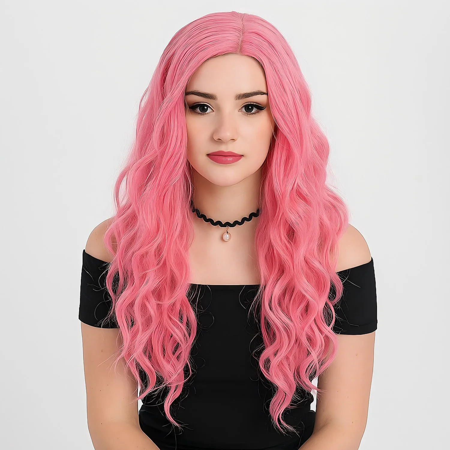 

18 inch Long Curly Pink Wigs Synthetic Hair Roleplay Halloween Costume for Women Fluffy Wave Side Bangs Wig for Cosplay Pink