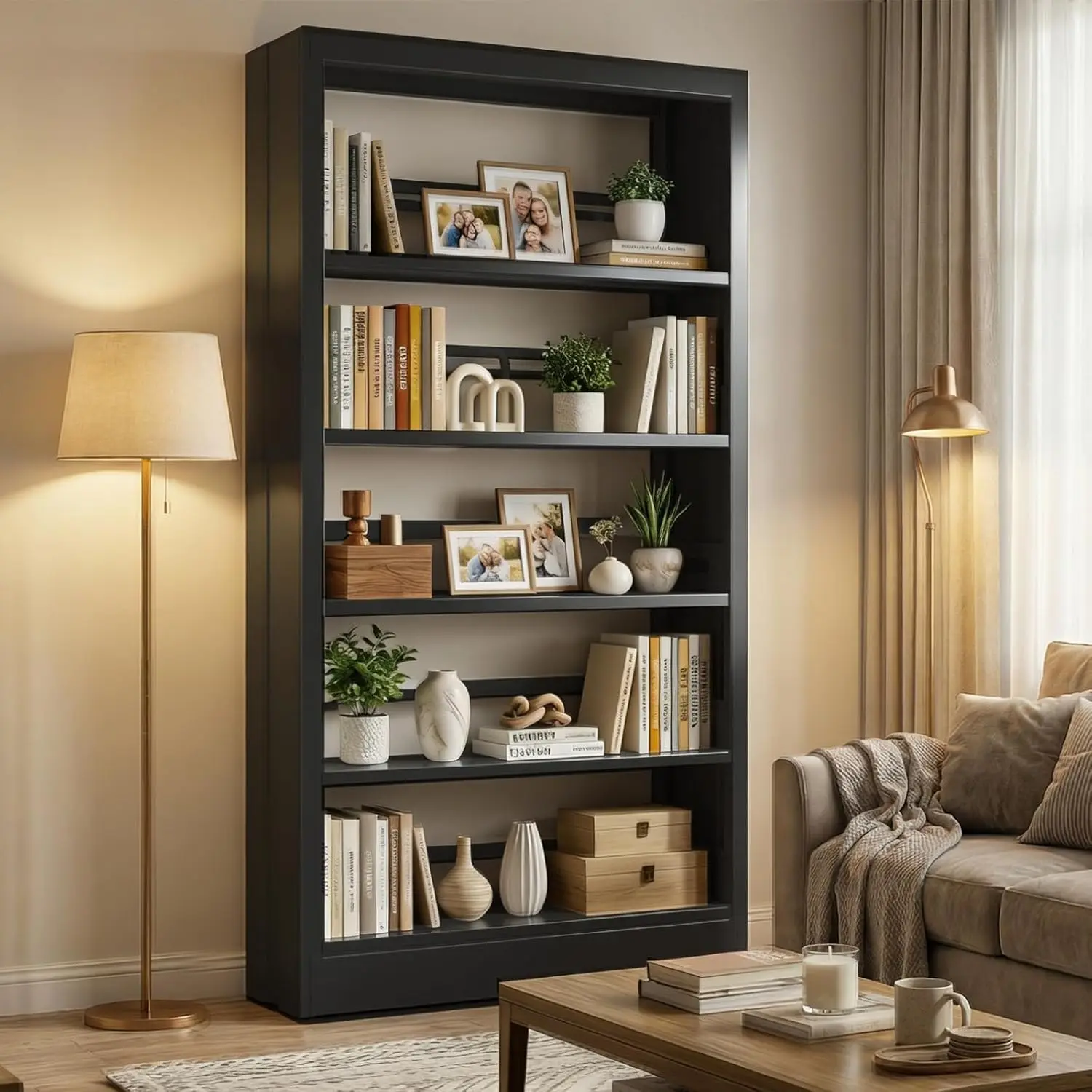5-Tier Metal Bookshelf 71in Adjustable Shelf Heavy Duty with Stopper Open Storage for Living Room Home Office, Customized