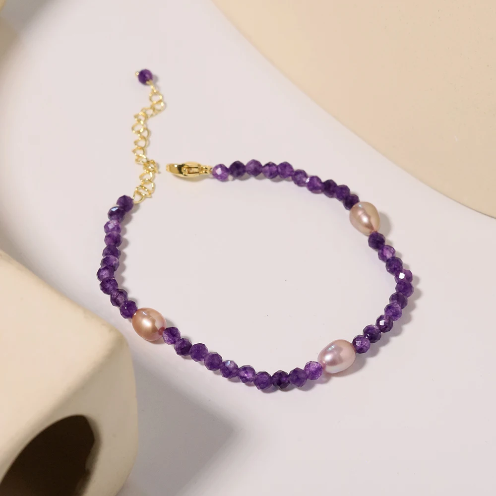 Natural Freshwater Pearl Multi-faceted Amethyst Bead Bracelet Korean Style Women Luxury Jewelry Fashion Ladies and Girls Gift