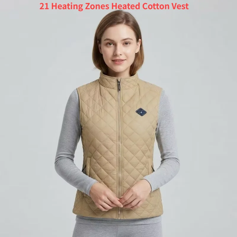 Women 21 Heating Zones Heated Cotton Vest, Khaki Diamond Plaid Slim Fit Thermal Vest for Winter Outdoor